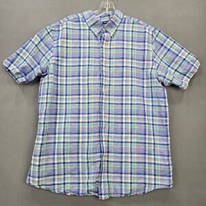 Chaps Blue Plaid Linen Shirt Classic Button Down Short Sleeves Men's Size XL Top